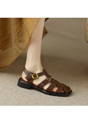 Summer Rome Style Weave Hollow Women Sandals Real Leather Thick Heels Retro Metal Buckle Decoration Gladiator Shoes Woman