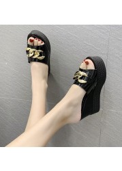 Chain High Heels Slippers Women Wedding Shoes Summer 2022 White Black Platform Wedges Slides Ladies Beach Slippers