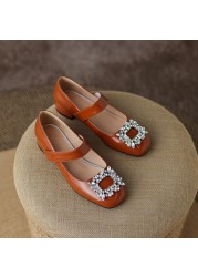 REAVE CAT 2022 Ladies Shoes Flats Square Toe Rhinestone Hook Loop Shallow Elegant Big Size 32-42 Solid Black Brown Spring S3625