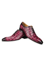 Oxfords shoes for men elegant party office retro casual suit crocodile print lace up high quality genuine leather pink and yellow