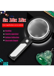 5X 10X 15X Lighted Magnifying Glass Handheld Magnifier with 8 Led Lights, Optical Lens Illuminated Magnifier for Reading Repair