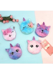 Cute Cat Fur Circle Purse Girl Clutch Bag Embroidered Key Headphone Organizer Pouch Kids Gift Cartoon Plush Unicorn Coin Purse