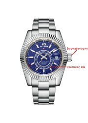 Men's automatic self-wind mechanical stainless steel strap rose gold silver blue date luxury sky 40mm watch