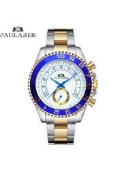 Automatic self-wind mechanical stainless steel strap casual gold yellow silver blue bezel master business men's watch