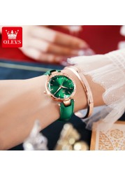 OLEVS Quartz High Quality Women's Wristwatch Waterproof Corium Strap Watches Fashion For Women Green Diamond Watch