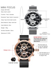 MINIFOCUS Fashion Men Sports Watches Top Sliver Deluxe Quartz Watches Men Mesh Strap Ultra-thin Waterproof Wristwatch Chronograph