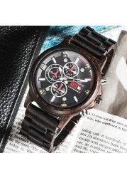 Kunhuang Men Watches Luxury Brand Wooden Walnut Sport Quartz Watch Men Fashion Date Chronograph Watch Relogio Masculino