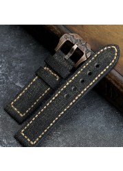 Handmade Canvas + Leather Watchband 20 22 24 26mm Compatible Bronze Strap Personalized Bronze Buckle