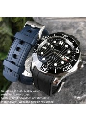 20mm 21mm 19/22mm High Quality Fluoros Rubber Watches Silicone Band Belt Fit For Omega New Seamaster 300 Black Blue Soft Strap