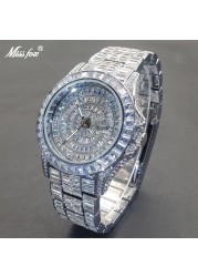 MISSFOX Ice Out Watches For Men Luxury Handmade Mosaic Diamond Silver Steel Watch Fashion Hip Hop Automatic Date Male Clock 2022