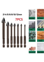 6/7pcs Glass Drill Bit Set Hex Tile Bits Cup Ceramic Concrete Hole Opener Carbide Point Tile Glass Cross Spear Head Drill Bi