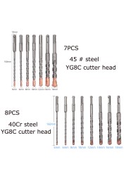 Justool 7/8pcs SDS Plus Hammer Drill Bit Set 40Cr Steel Stone Drill Cross Cutter Drill Bit Concrete Drill Bit 5-18mm Saw Drill Bit Set