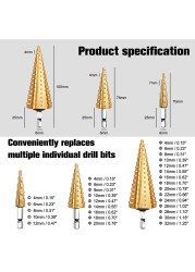 3pcs HSS Titanium Coated Step Drill Bit Set Stepped Cone Metal Hole Saw Cutter Metric 4-12/20/32mm Hex Tools