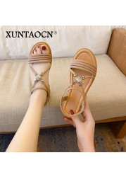 Rimocy Summer Cross Strap Crystal Sandals Women 2022 Comfortable Low Heels Open Toe Sandalias Woman Soft Bottom Casual Shoes Lady