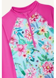 Monsoon Blue Floral Print Sunsafe Long Sleeve Swimsuit