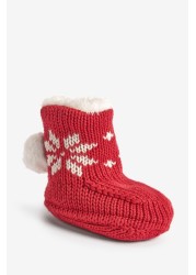 The Little Tailor Babies Red Christmas Fairisle Knitted Booties With Pom Poms