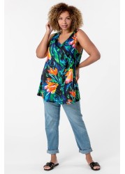 Roman Curve V-Neck Tropical Print Top