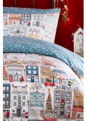 furn. Multicolour Festive Town Christmas Reversible Duvet Cover and Pillowcase Set