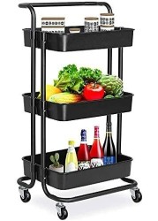 Orchid 3-Tier Multi Use Kitchen Organizer Rack عربات تخزين قابلة للإزالة رف برج تخزين رف حمام بعجلات ومسند للذراعين رف تخزين متداول نحيف | عربة بعجلات بمقبض (أسود)