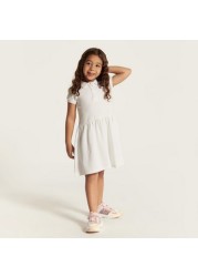 Juniors Solid Dress with Short Sleeves and  Piping Detail