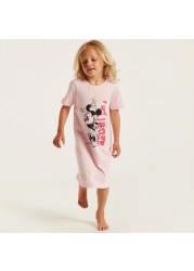 Disney Minnie Mouse Print Night Dress with Crew Neck and Short Sleeves