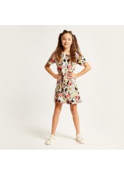 Disney Mickey Mouse Print Dress with Round Neck and Short Sleeves