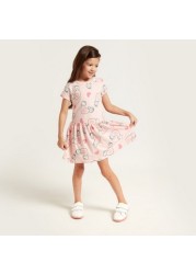 All-Over Hello Kitty Printed Tiered Dress with Short Sleeves