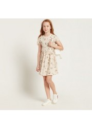 Sanrio Hello Kitty Print Dress with Round Neck and Short Sleeves