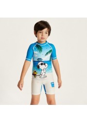 Snoopy Dog Print Swimsuit with Short Sleeves and Zip Closure