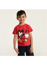 Disney Mickey Mouse Print Round Neck T-shirt with Short Sleeves