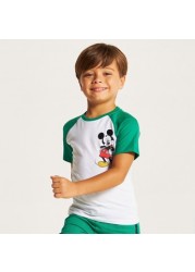 Mickey Mouse Print T-shirt with Crew Neck and Raglan Sleeves