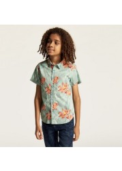 Juniors Tropical Print Shirt with Short Sleeves and Button Closure