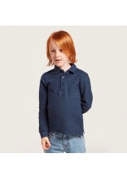 Juniors Solid Polo T-shirt with Long Sleeves and Button Closure