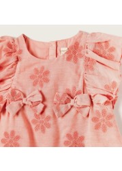 Giggles Embroidered Top with Bow Accent and Ruffles