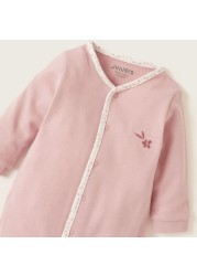 Juniors Solid Sleepsuit with Long Sleeves and Flower Embroidered Detail