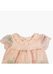 Giggles Floral Embroidered Dress with Round Neck and Short Sleeves