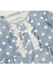 Juniors Polka Dots Print Sleepsuit with Long Sleeves and Lace Detail