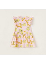 Tweety Printed Round Neck Knit Dress with Cap Sleeves