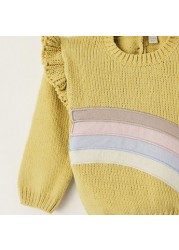 Giggles Textured Sweater with Rainbow Applique and Ruffle Detail