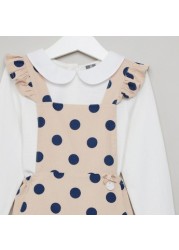 Giggles Solid Long Sleeves T-shirt with Polka Dot Print Dungarees