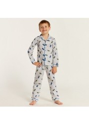 Juniors Car Print Shirt and Full Length Printed Pyjama Set