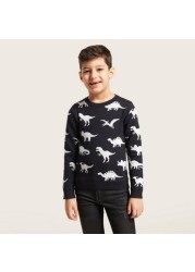 Juniors All-Over Dinosaur Print Pullover with Long Sleeves