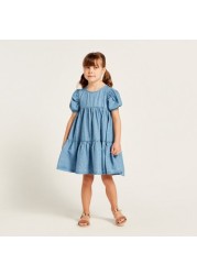 Juniors All-Over Printed Empire Dress with Short Sleeves
