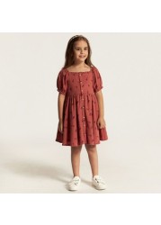 Embroidered Square Neck A-line Dress with Short Sleeves