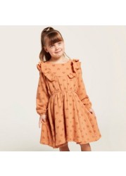 Love Earth All-Over Print Organic Dress with Long Sleeves and Frill Detail