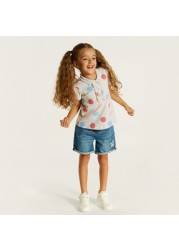 Juniors Polka Dot Polo T-shirt with Ruffles and Short Sleeves