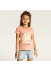 Juniors Floral Print Round Neck T-shirt with Short Sleeves