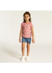 Juniors Floral Print Round Neck T-shirt with Short Sleeves