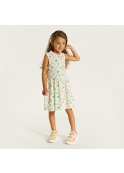 Juniors Printed Sleeveless Polo Dress with Button Closure