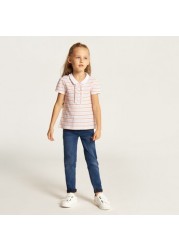 Juniors Striped Polo T-shirt with Ruffles and Short Sleeves